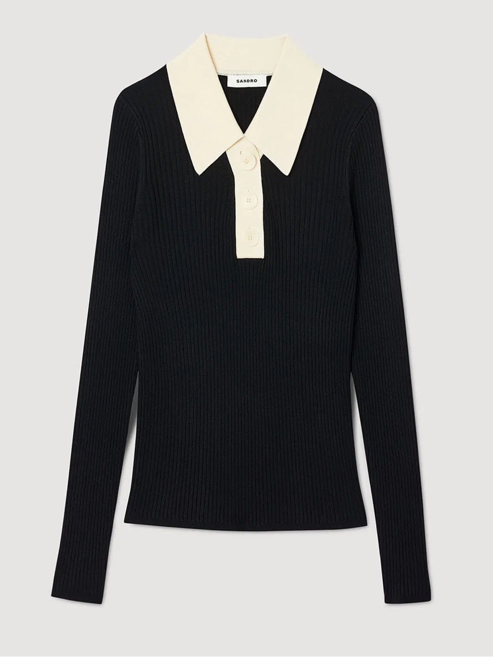 Sandro Black Ribbed Polo Sweater with Cream Collar and Placket Size 3